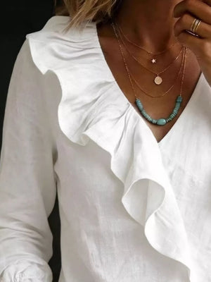 Full Size Ruffled Long Sleeve Blouse, side view