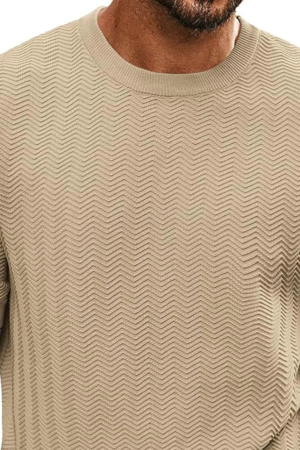 Chevron knit crew neck tee in Khaki with textured chevron pattern.