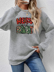 Crewneck sweatshirt in gray with festive Merry and Bright graphic and Christmas tree detail.