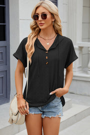 Black perforated henley hooded tee with short sleeves and button detail