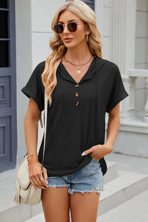 Black perforated henley hooded tee with short sleeves and button detail