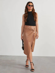 Tan faux leather midi skirt with knot detail and side slit