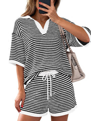 Striped knit polo shirt and drawstring shorts set in black and white.