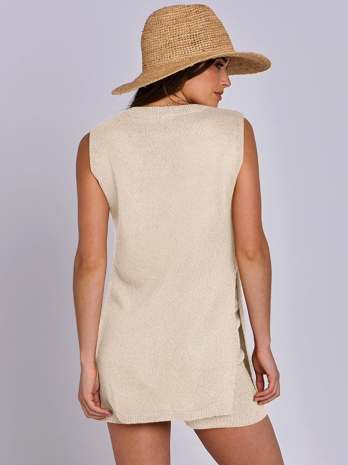 Textured knit tank set in dust storm with side slits and matching shorts.