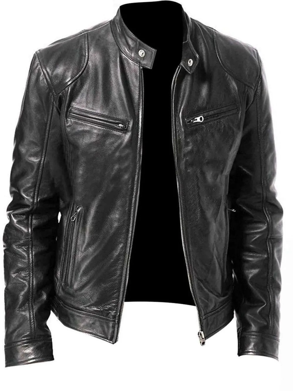 Men's Full Size Leather Biker Jacket in Blue, close-up detail