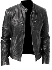 Men's Full Size Leather Biker Jacket in Blue, close-up detail