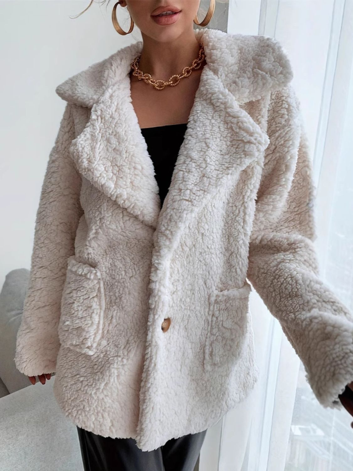 Cream teddy bear shawl collar jacket with button closure and pockets