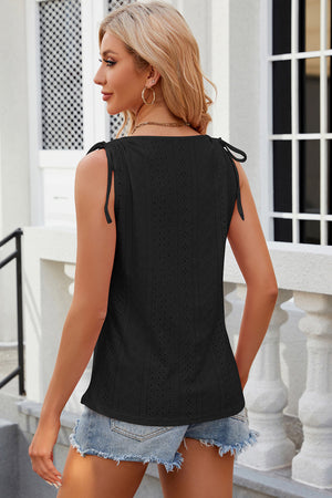 Black eyelet tank top with tie shoulder straps and square neckline