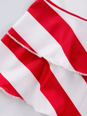Patriotic ruffle tank and pants set with red and white stripes, cotton fabric.