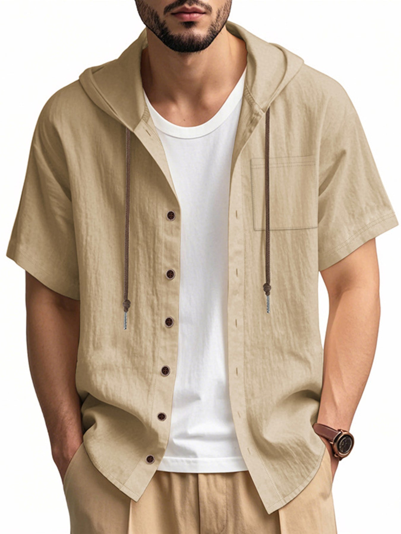 Men's tan short sleeve hooded shirt with pocket and button-down front