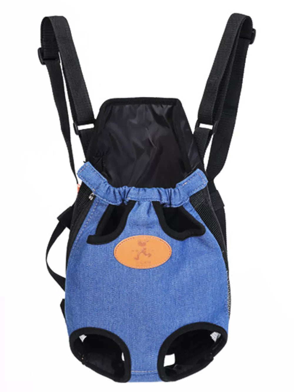 Blue denim-like pet carrier backpack with adjustable straps and leg openings.