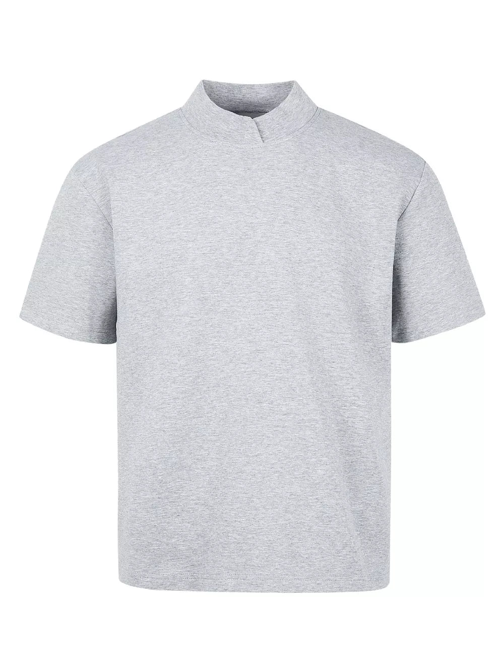 Men's light gray cotton mock neck t-shirt with short sleeves.