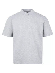 Men's light gray cotton mock neck t-shirt with short sleeves.