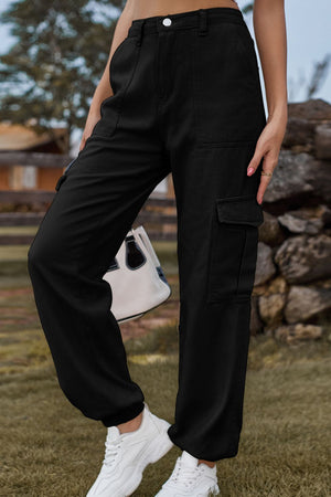 Black utility cargo pants with multiple pockets and cuffed ankles.