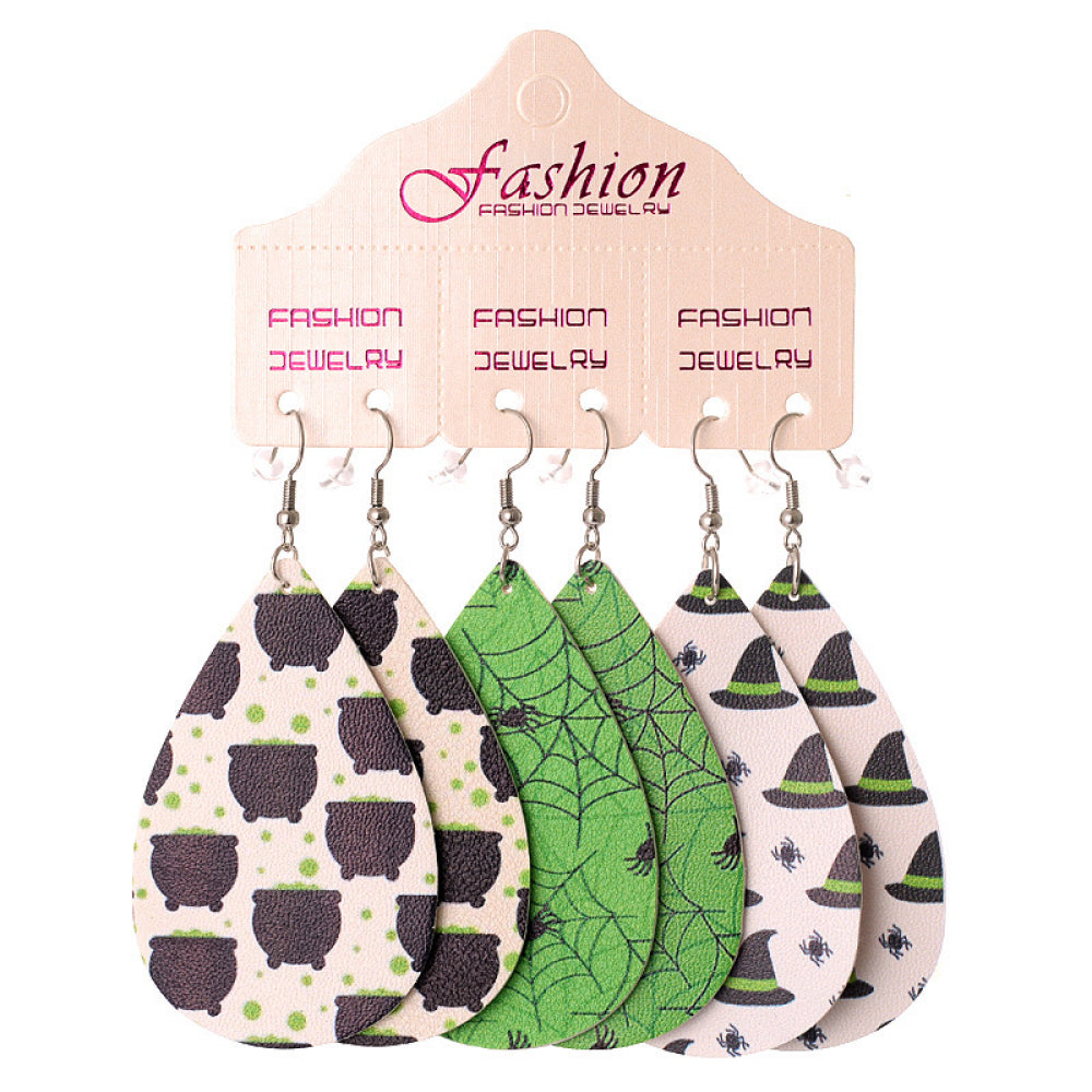 Teardrop earrings with spooky Halloween prints: cauldrons, spiderwebs, and witch hats.