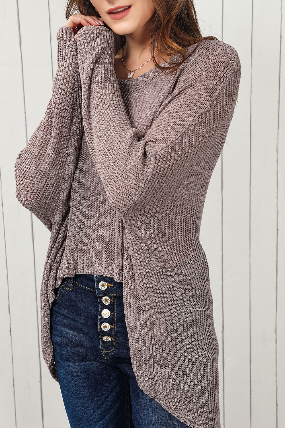 Asymmetric slouch knit top in mocha with a relaxed fit and open front.