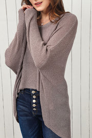 Asymmetric slouch knit top in mocha with a relaxed fit and open front.