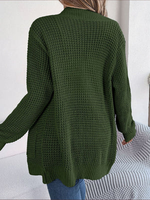 Army green textured knit open-front cocoon cardigan with long sleeves and a relaxed fit.