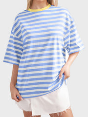Oversized striped tee in Dusty Blue and white with dropped sleeves and yellow neckline.