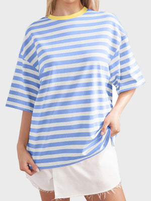 Oversized striped tee in Dusty Blue and white with dropped sleeves and yellow neckline.
