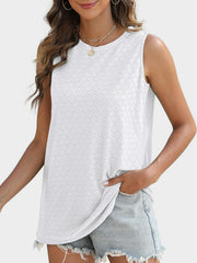 White textured sleeveless shell top with eyelet pattern and crew neck