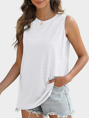 White textured sleeveless shell top with eyelet pattern and crew neck