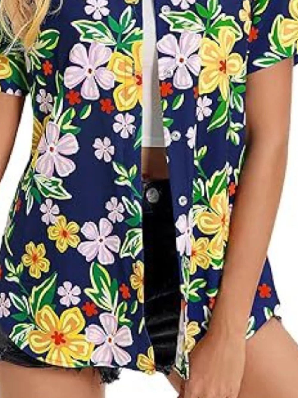 Tropical hibiscus print button-up shirt in dark blue with colorful flowers and short sleeves.