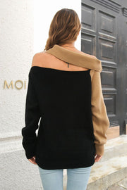 Black and camel asymmetric off-shoulder knit sweater with long sleeves.