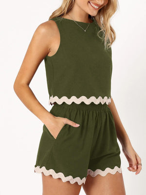 Army green sleeveless crop top and shorts set with scalloped trim