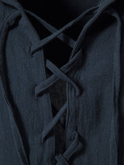 Navy cotton lace-up hooded top detail
