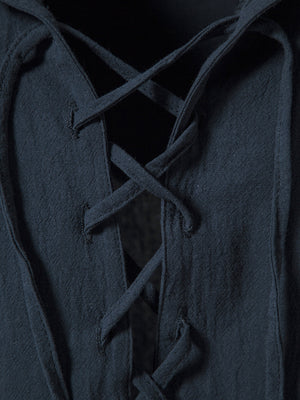 Navy cotton lace-up hooded top detail