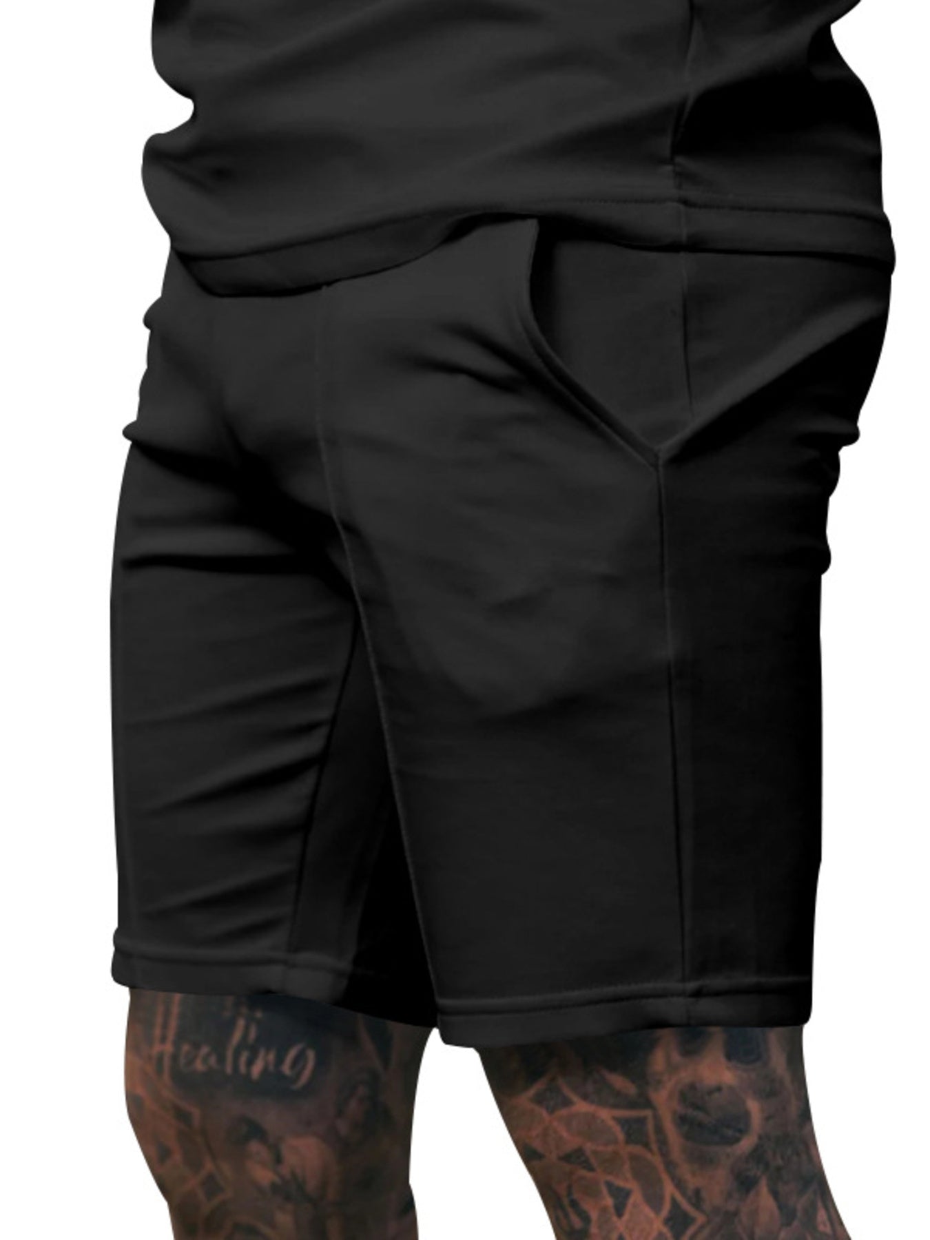Black chino shorts with drawstring and side pockets, men's casual wear.