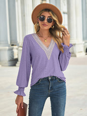 Periwinkle lace trim eyelet blouse with v-neck and smocked cuffs
