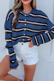 Striped Drop Shoulder Button Cardigan in Dusty Blue, back view