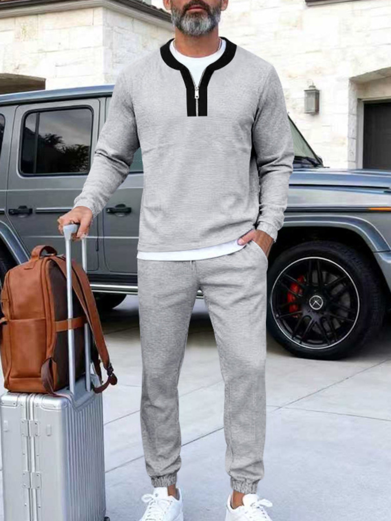 Light Gray track pants set with zippered top and crew neck, men's casual activewear.
