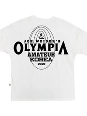 White oversized graphic tee with Olympia Amateur Korea 2020 print