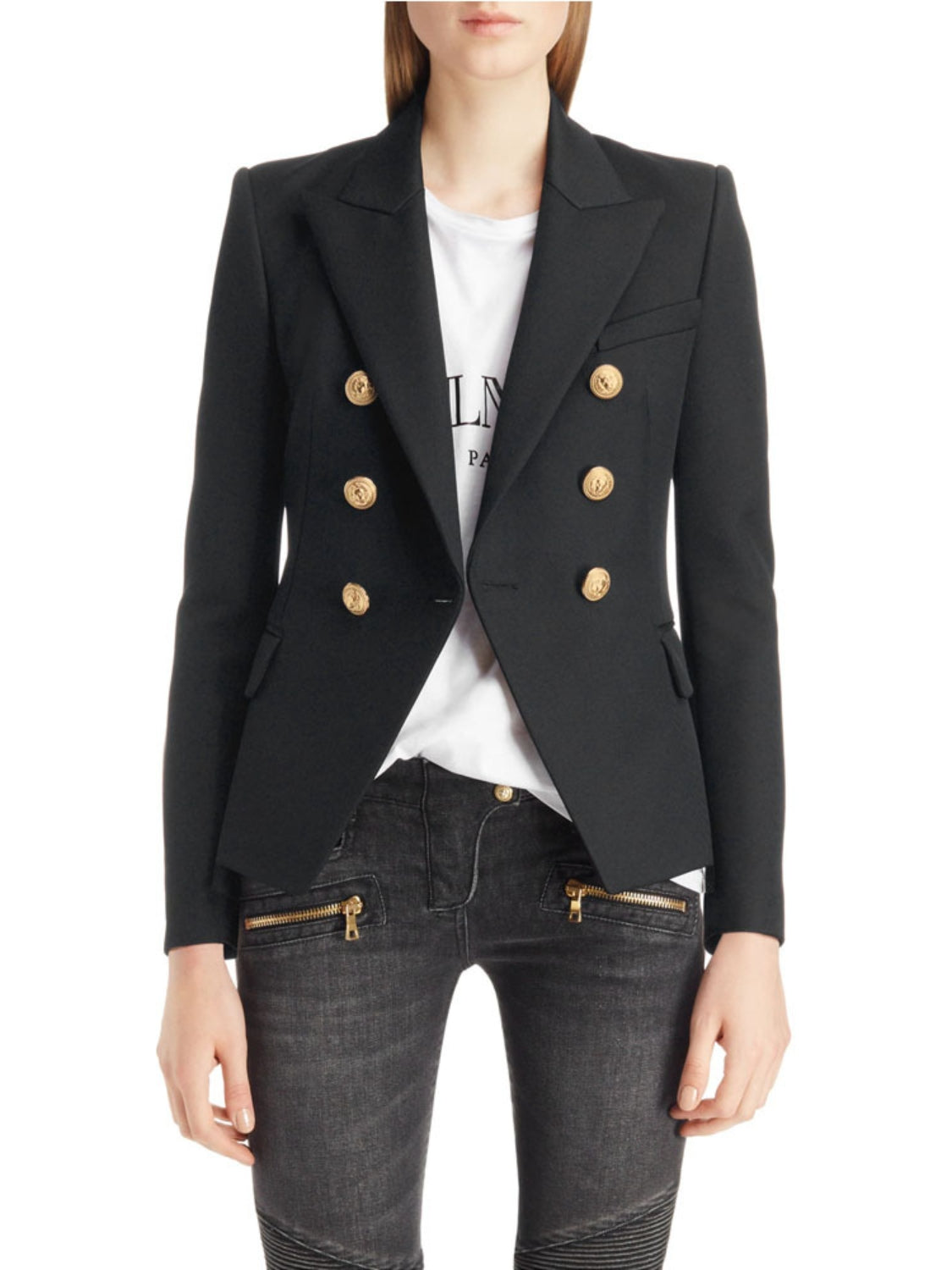 Black double-breasted blazer with gold buttons and a collar, styled with a white tee and jeans.