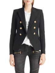 Black double-breasted blazer with gold buttons and a collar, styled with a white tee and jeans.