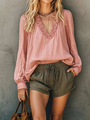 Frill V-neck Long Sleeve Blouse in White, model styling view