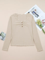 Beige ribbed long-sleeve top with lace neckline and button detail