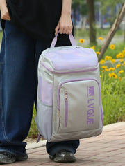 Iridescent accent waterproof sports backpack in purple and gray with LVQUE logo.