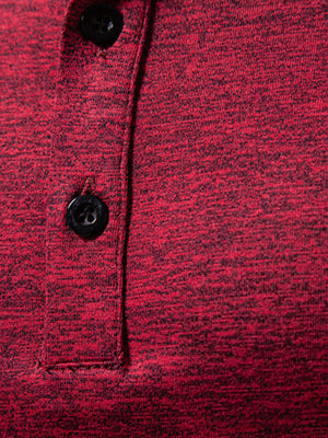 Burgundy mélange cotton henley tee with black buttons and curved hem detail.