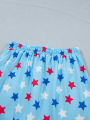 Light blue skort with red, white, and blue star print and elastic drawstring waist.