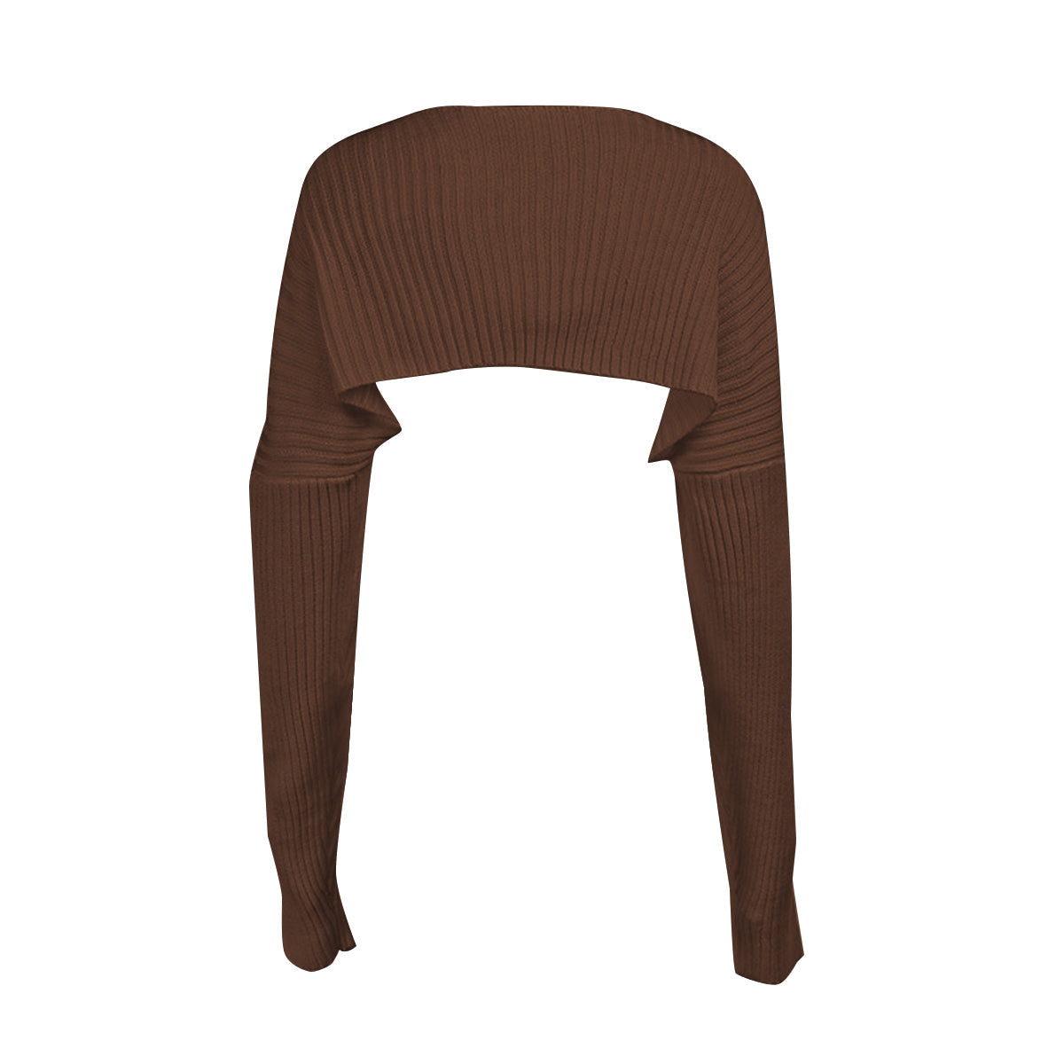 Chocolate ribbed knit shrug with extended sleeves and a cropped cut.
