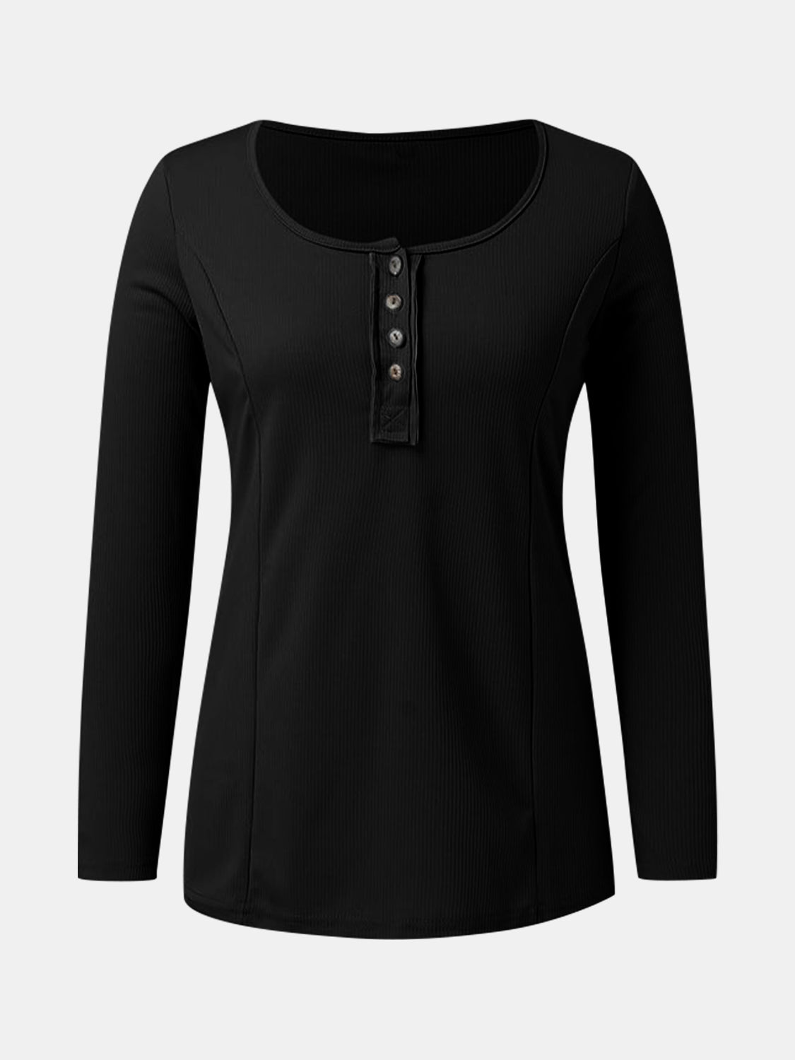 Black ribbed henley scoop neck top with button detail