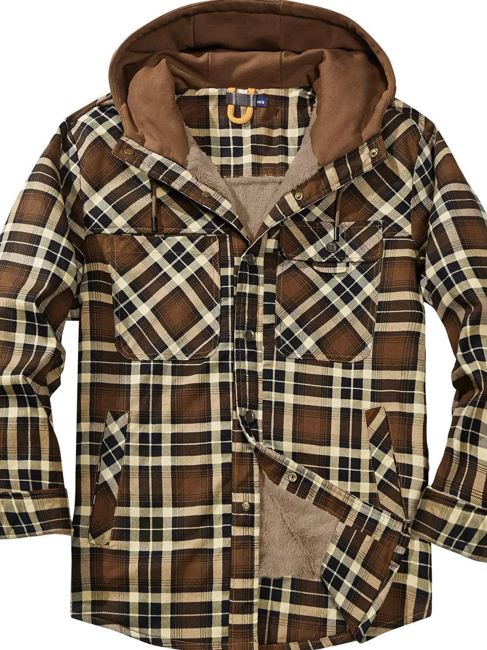 Men's brown plaid flannel hooded jacket with sherpa lining and buttoned chest pockets.