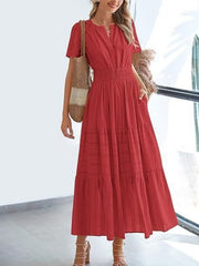 Red V-neck tiered maxi dress with smocked waist and short sleeves.