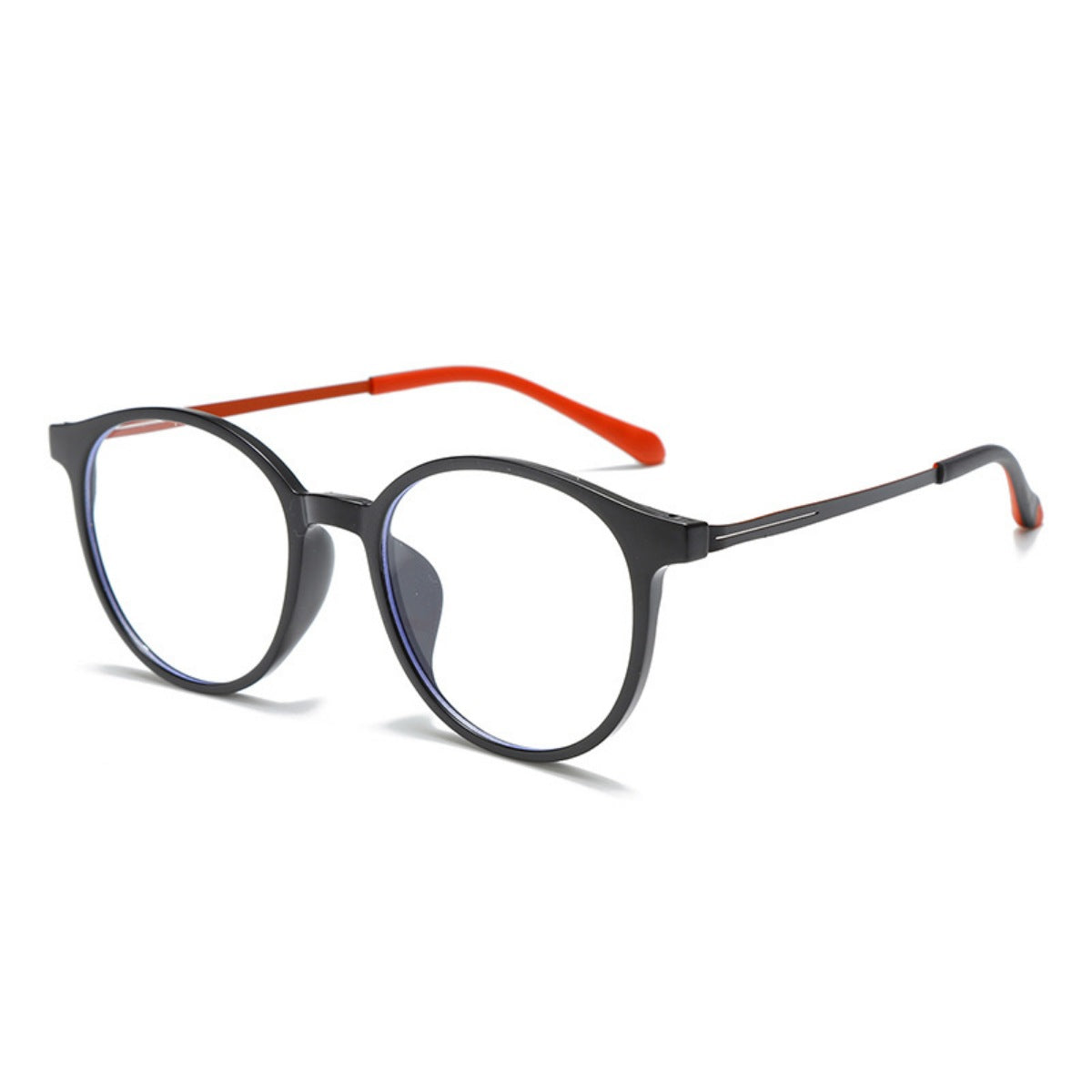 Black acetate round frame glasses with orange temple accents