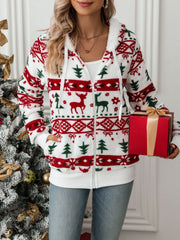 White fleece zip-up hoodie with festive Fair Isle pattern of reindeer and trees.