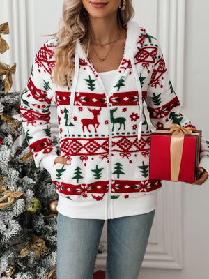 White fleece zip-up hoodie with festive Fair Isle pattern of reindeer and trees.